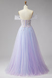 Robe de soirée longue lilas en tulle, avec corset, broderie, perles, paillettes et fente