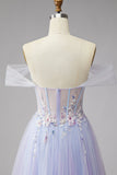 Robe de soirée longue lilas en tulle, avec corset, broderie, perles, paillettes et fente