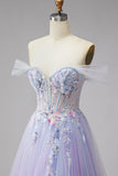 Robe de soirée longue lilas en tulle, avec corset, broderie, perles, paillettes et fente