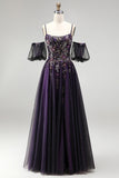 Robe longue de bal à paillettes en lettres violet foncé A-Line Pailleté avec manches bouffantes