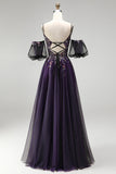 Robe longue de bal à paillettes en lettres violet foncé A-Line Pailleté avec manches bouffantes