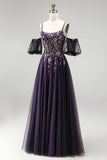 Robe longue de bal à paillettes en lettres violet foncé A-Line Pailleté avec manches bouffantes