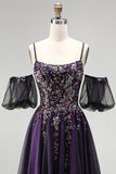 Robe longue de bal à paillettes en lettres violet foncé A-Line Pailleté avec manches bouffantes