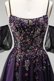 Robe longue de bal à paillettes en lettres violet foncé A-Line Pailleté avec manches bouffantes