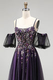 Robe longue de bal à paillettes en lettres violet foncé A-Line Pailleté avec manches bouffantes