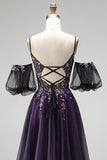 Robe longue de bal à paillettes en lettres violet foncé A-Line Pailleté avec manches bouffantes