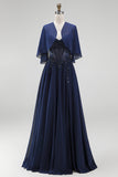 Robe de robe mère de la mariée longue bleu marine ligne A en mousseline avec corset et cape