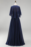 Robe de robe mère de la mariée longue bleu marine ligne A en mousseline avec corset et cape