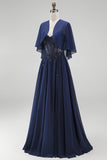 Robe de robe mère de la mariée longue bleu marine ligne A en mousseline avec corset et cape