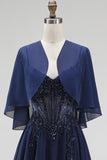 Robe de robe mère de la mariée longue bleu marine ligne A en mousseline avec corset et cape