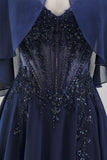 Robe de robe mère de la mariée longue bleu marine ligne A en mousseline avec corset et cape