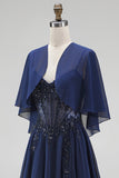 Robe de robe mère de la mariée longue bleu marine ligne A en mousseline avec corset et cape