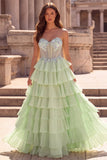 Robe longue de bal en mousseline vert clair à volants à volants en mousseline A 3D Corset Strass