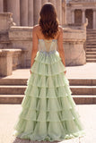 Robe longue de bal en mousseline vert clair à volants à volants en mousseline A 3D Corset Strass