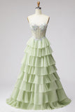 Robe longue de bal en mousseline vert clair à volants à volants en mousseline A 3D Corset Strass