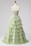 Robe longue de bal en mousseline vert clair à volants à volants en mousseline A 3D Corset Strass