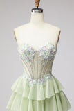 Robe longue de bal en mousseline vert clair à volants à volants en mousseline A 3D Corset Strass