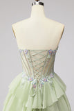 Robe longue de bal en mousseline vert clair à volants à volants en mousseline A 3D Corset Strass