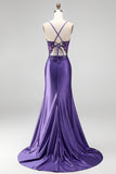 Robe de soirée longue violette en satin, coupe sirène, avec corset, paillettes, fronces et fente