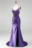 Robe de soirée longue violette en satin, coupe sirène, avec corset, paillettes, fronces et fente