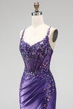Robe de soirée longue violette en satin, coupe sirène, avec corset, paillettes, fronces et fente