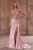 Corset rose Sirène transparente perlées de paillettes, perles, perles, longue robe de bal en satin froncée avec fente