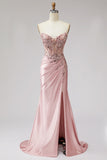 Corset rose Sirène transparente perlées de paillettes, perles, perles, longue robe de bal en satin froncée avec fente
