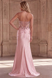 Corset rose Sirène transparente perlées de paillettes, perles, perles, longue robe de bal en satin froncée avec fente
