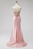 Corset rose Sirène transparente perlées de paillettes, perles, perles, longue robe de bal en satin froncée avec fente