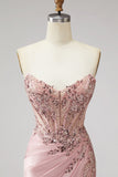 Corset rose Sirène transparente perlées de paillettes, perles, perles, longue robe de bal en satin froncée avec fente