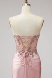 Corset rose Sirène transparente perlées de paillettes, perles, perles, longue robe de bal en satin froncée avec fente
