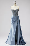 Robe de bal longue bretelière, longue, corset bleu transparent à col en V en satin et fente