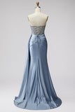 Robe de bal longue bretelière, longue, corset bleu transparent à col en V en satin et fente