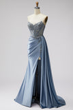Robe de bal longue bretelière, longue, corset bleu transparent à col en V en satin et fente