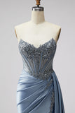Robe de bal longue bretelière, longue, corset bleu transparent à col en V en satin et fente