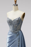 Robe de bal longue bretelière, longue, corset bleu transparent à col en V en satin et fente