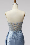 Robe de bal longue bretelière, longue, corset bleu transparent à col en V en satin et fente