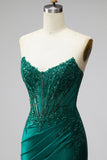 Corset sirène vert foncé à paillettes, longue robe de soirée sans bretelles en satin avec perles