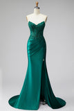 Corset sirène vert foncé à paillettes, longue robe de soirée sans bretelles en satin avec perles