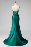 Corset sirène vert foncé à paillettes, longue robe de soirée sans bretelles en satin avec perles