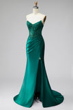 Corset sirène vert foncé à paillettes, longue robe de soirée sans bretelles en satin avec perles