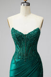 Corset sirène vert foncé à paillettes, longue robe de soirée sans bretelles en satin avec perles