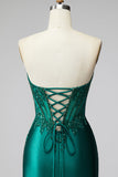 Corset sirène vert foncé à paillettes, longue robe de soirée sans bretelles en satin avec perles