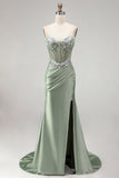 Applique florales 3D vert clair Corset transparent en satin froncé et longue robe de bal avec fente
