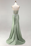 Applique florales 3D vert clair Corset transparent en satin froncé et longue robe de bal avec fente
