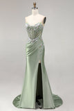 Applique florales 3D vert clair Corset transparent en satin froncé et longue robe de bal avec fente