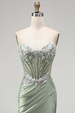 Applique florales 3D vert clair Corset transparent en satin froncé et longue robe de bal avec fente