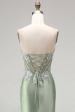 Applique florales 3D vert clair Corset transparent en satin froncé et longue robe de bal avec fente