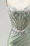 Applique florales 3D vert clair Corset transparent en satin froncé et longue robe de bal avec fente