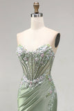 Applique florales 3D vert clair Corset transparent en satin froncé et longue robe de bal avec fente